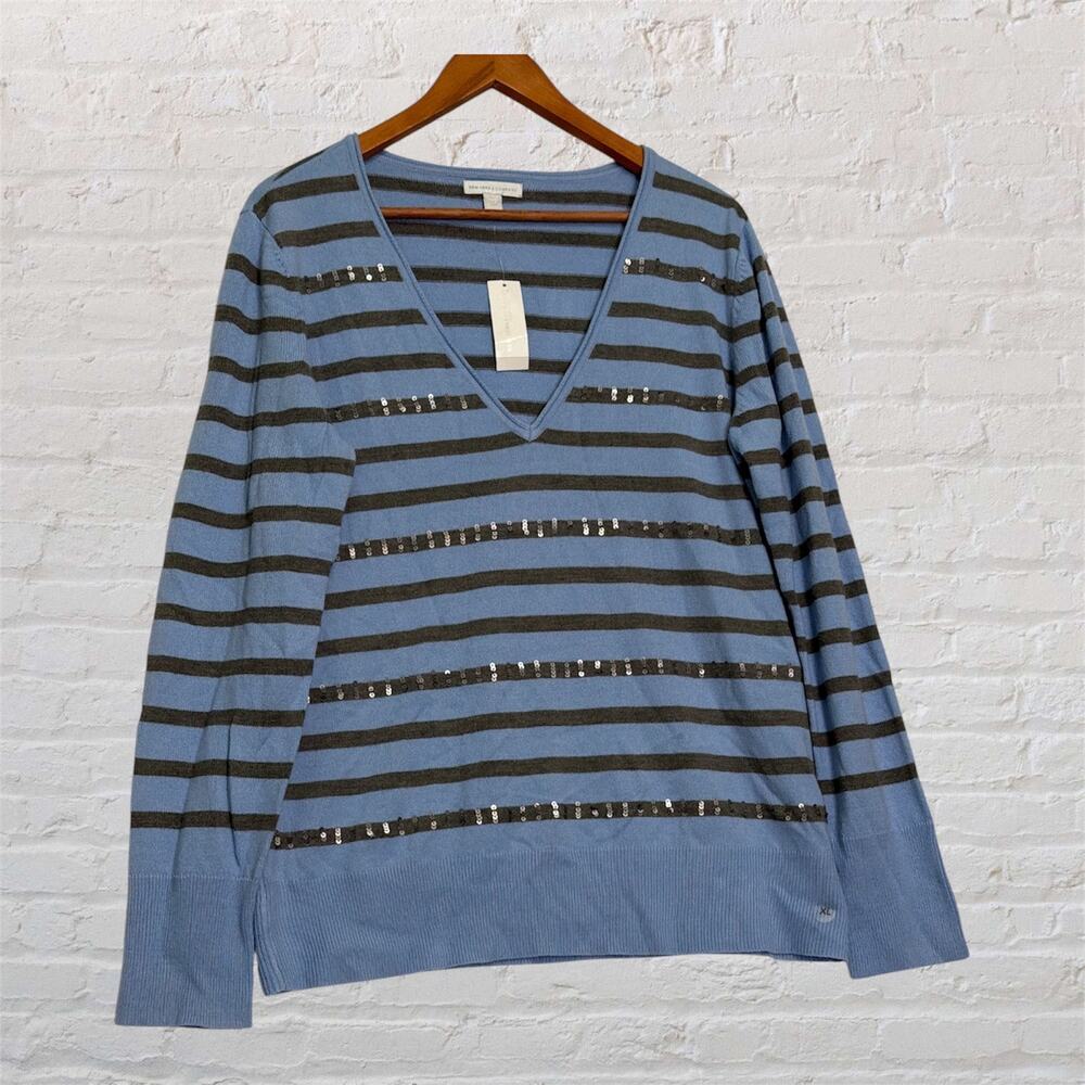 New York‎ & Company XL Blue Gray Striped V Neck Sweater Sequin Detail NWT